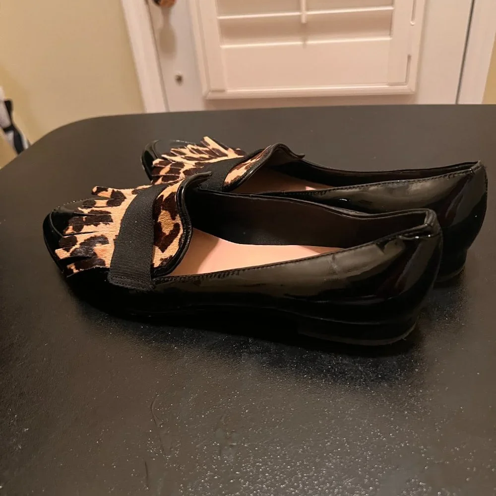 Kate Spade size 8.5  Cayle leopard print fringe patent leather flats
